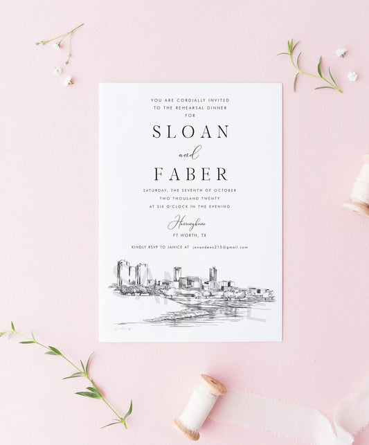 Ft Worth, TX Rehearsal Dinner Invitations, Ft Worth Skyline, Fort Worth Texas Wedding, Weddings, Rehearse, Invite (set of 25 cards)