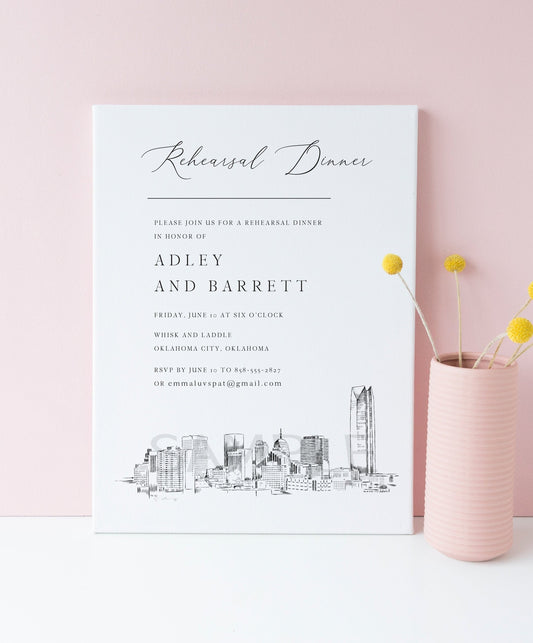 Oklahoma City Skyline Rehearsal Dinner Invitations, OK, City Skyline, Wedding, Weddings, Rehearse, Wedding Invite, Card (set of 25)