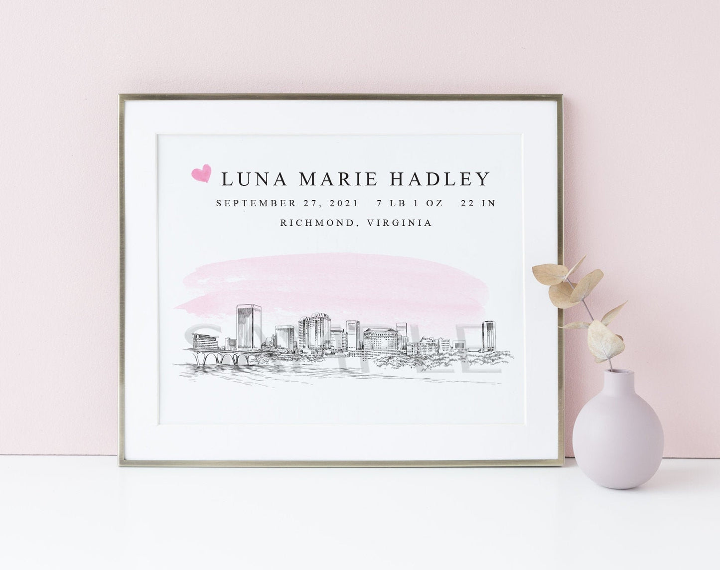 Skyline Nursery Art Print, baby's room, Richmond, VA Skyline, virginia, girl, baby shower gift, pink, baby prints, birth announcement