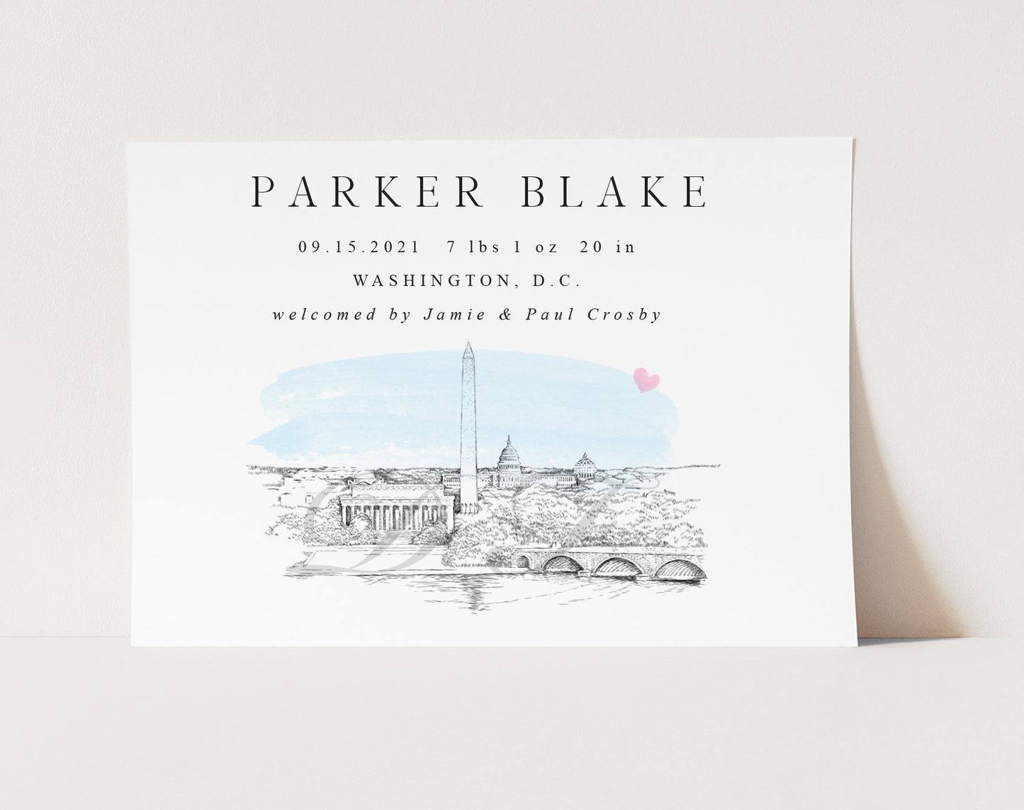 Washington DC Skyline Birth Announcement, dc Skyline, boy, skyline, announcements, baby, blue, baby card, Cards, (Set of 25)