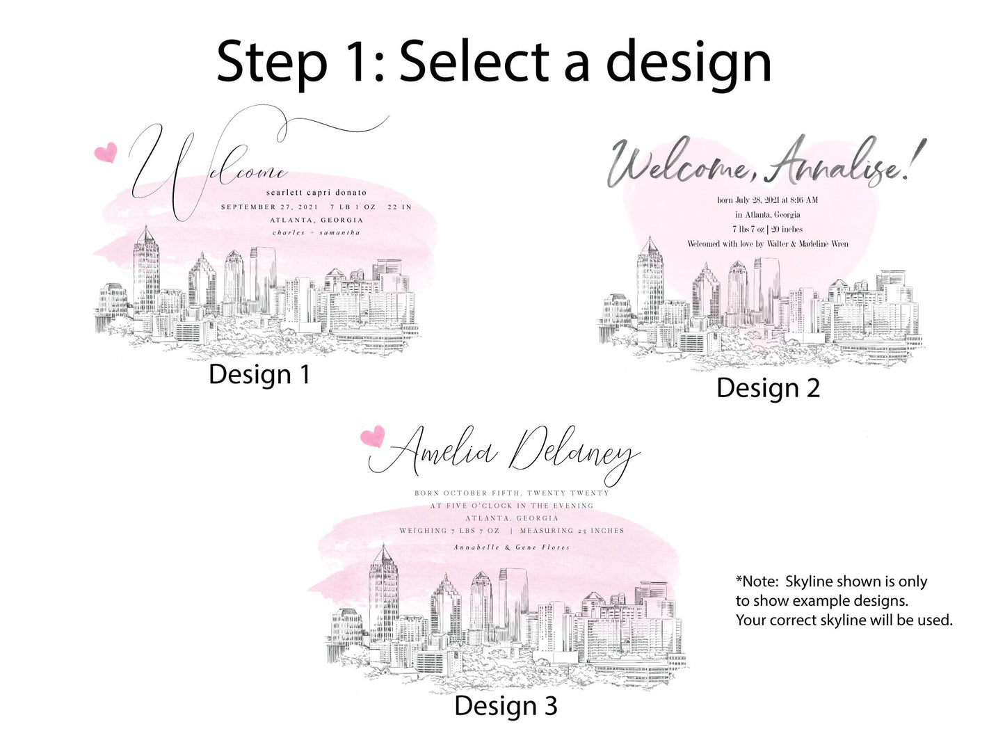 Boston Skyline Birth Announcement, girl, boston, ma skyline, announcements, baby, pink, baby card, Cards, (Set of 25)
