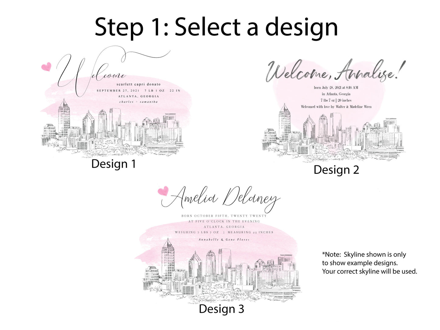 Skyline Birth Announcement, Philadelphia Skyline, girl, Philadelphia Skyline, Announcements, Baby, Pink, baby card, Cards, (Set of 25)
