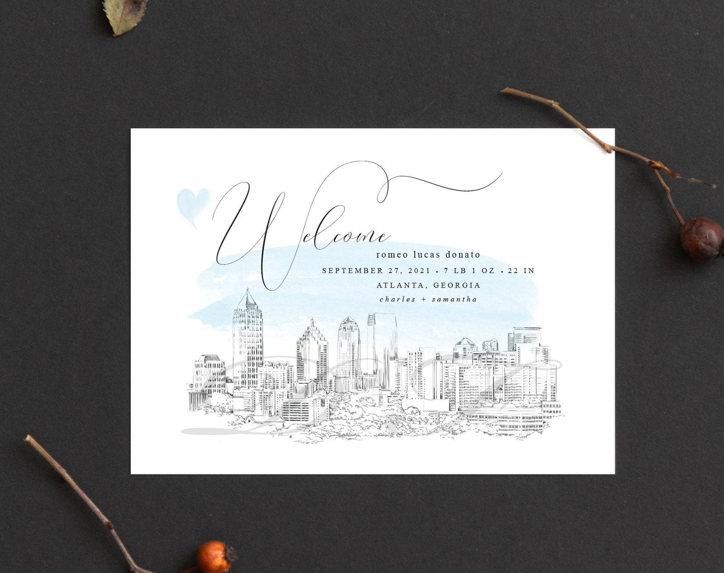 Skyline Birth Announcement, Atlanta, GA Skyline, boy, Atlanta Skyline, announcements, baby, blue, baby card, Cards, (Set of 25)