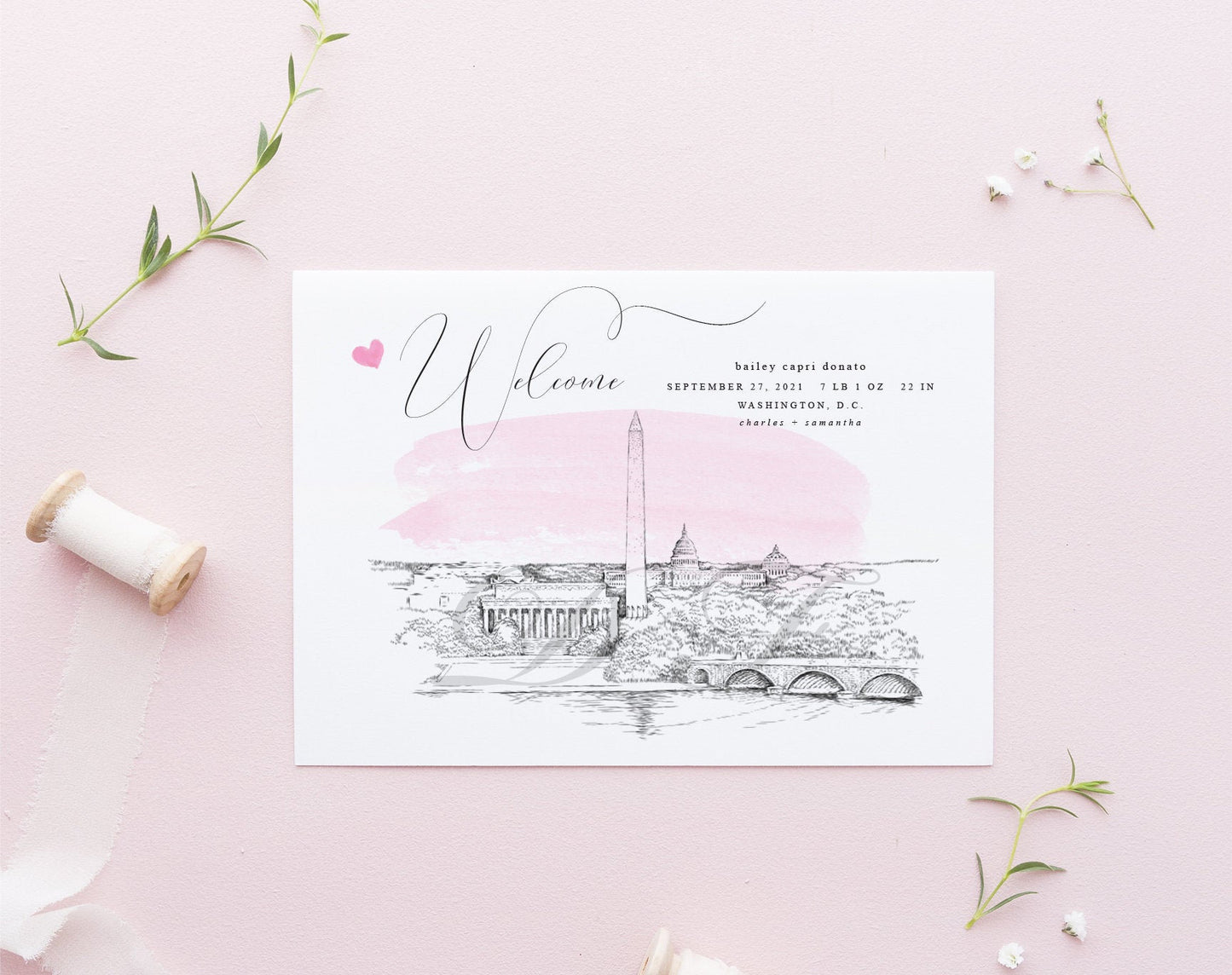 Washington DC Skyline Birth Announcement, dc Skyline, girl, skyline, announcements, memorials, baby, pink, baby card, Cards, (Set of 25)