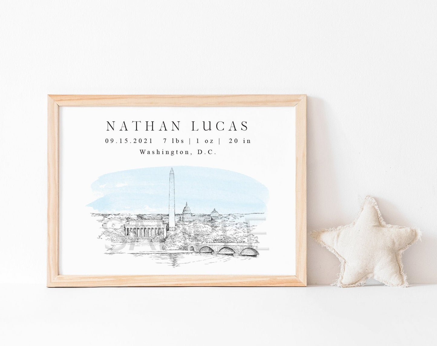 Washington, DC Skyline Baby Nursery Art Print, baby's room, dc Skyline, boy, baby shower gift, baby, blue, birth announcement