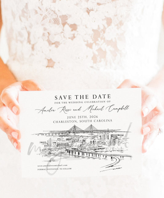 Charleston Save the Dates, Charleston Skyline, Charleston Wedding, Charleston Bridge, STD, South Carolina Save the Date Cards (set of 25)