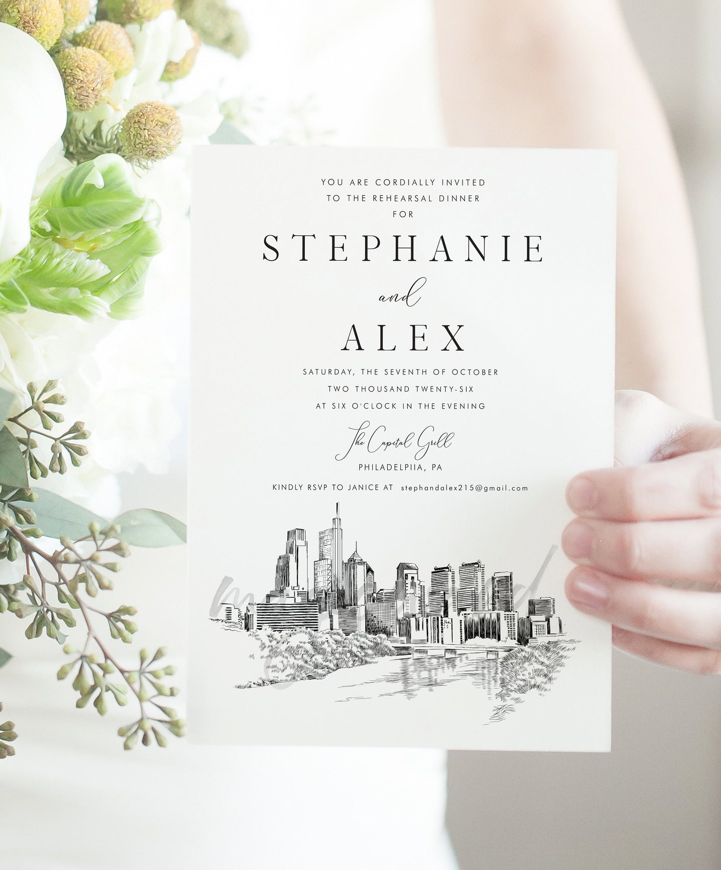 NEW Philadelphia Rehearsal Dinner Invitations, Skyline, PA, Wedding, Weddings, Invite, Cards (set of 25 cards)