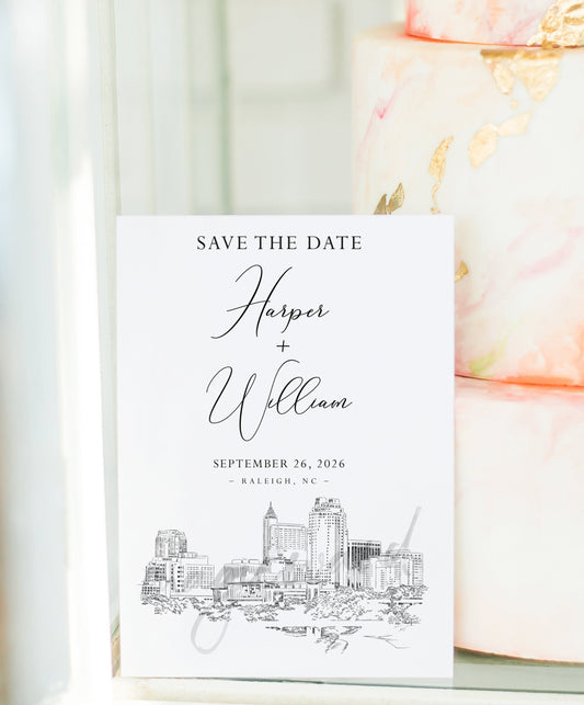 Raleigh Skyline Save the Dates, STD, Wedding, Weddings, Save the Date Cards, NC, North Carolina Wedding, Hand Drawn (set of 25 cards)