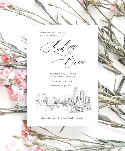 Charlotte, NC Skyline Wedding Save the Dates, Save the Date Cards, STD, Charlotte Wedding, North Carolina  (set of 25 cards and envelopes)