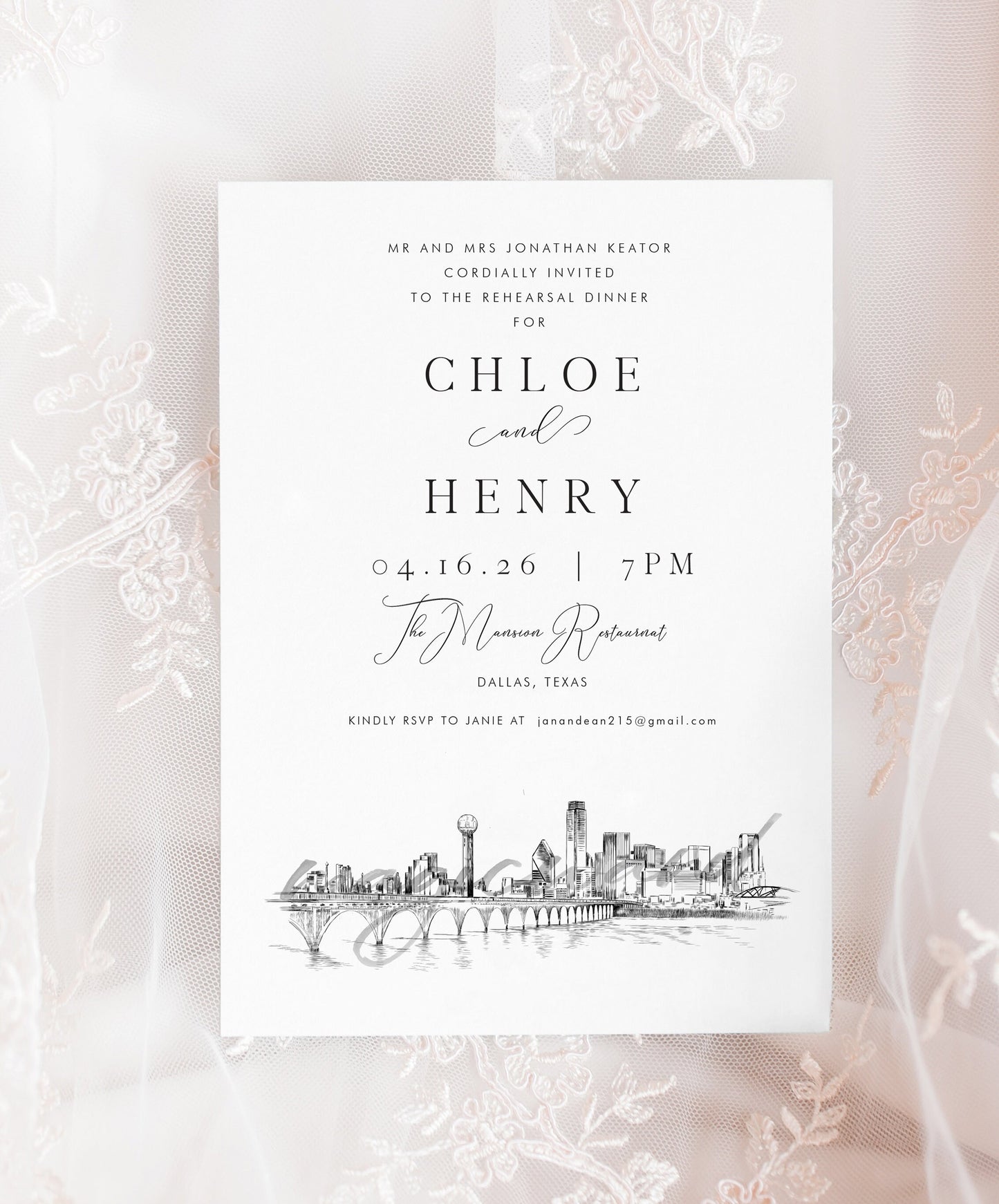 Dallas Skyline Rehearsal Dinner Invitations, Weddings, Wedding, Texas, TX, Invite (set of 25 cards)