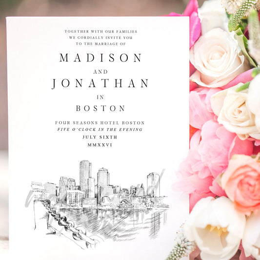 Boston Skyline Wedding Invitations, Water View Wedding Invitation, Boston Weddings, Boston, (Set of 10 Online RSVP Card & Invitations)