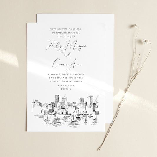 Boston Wedding Invitations, Skyline Boston Harbor, Weddings, Invitation, Boston Wedding  (Set of 10 Online RSVP Card & Invitations)