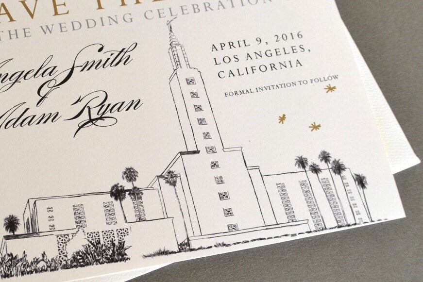 Los Angeles Mormon Temple Skyline Hand Drawn LDS Save the Date Cards (set of 25 cards)