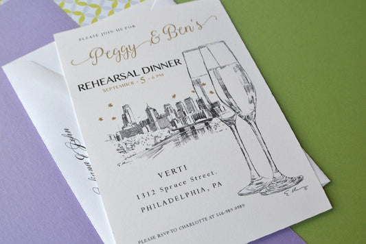 Philadelphia Skyline with Champagne Glasses Hand Drawn Rehearsal Dinner Invitations (set of 25 cards)