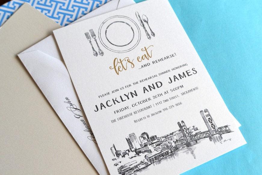 Sacramento Skyline Rehearsal Dinner Invitation Cards (set of 25 cards)