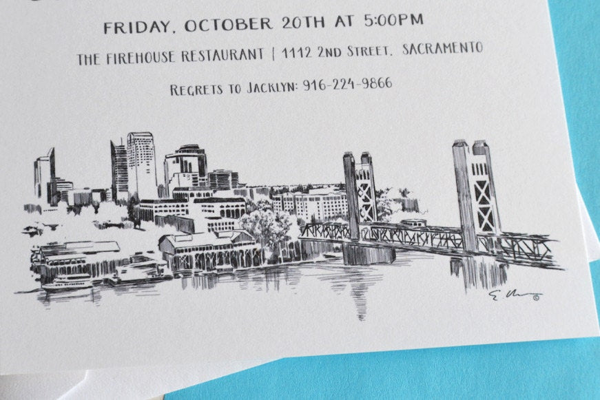 Sacramento Skyline Rehearsal Dinner Invitation Cards (set of 25 cards)