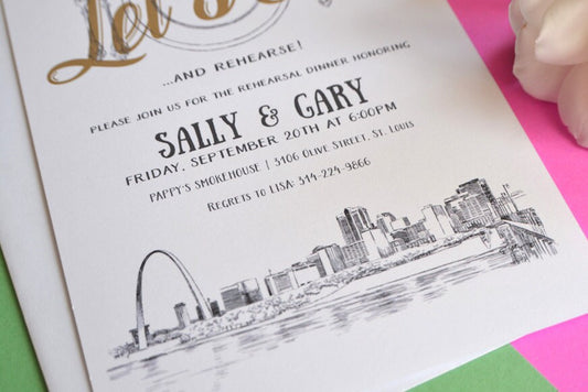 St Louis Skyline Hand Drawn Rehearsal Dinner Invitations (set of 25 cards)