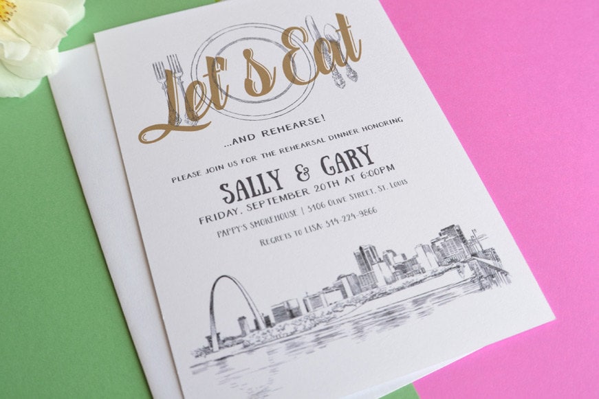 St Louis Skyline Hand Drawn Rehearsal Dinner Invitations (set of 25 cards)