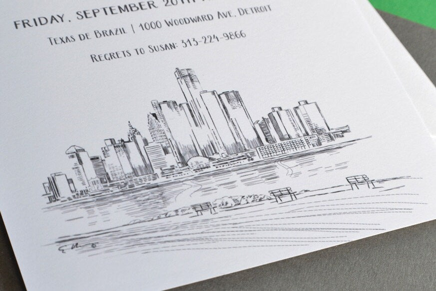 Detroit Skyline Rehearsal Dinner Invitation Cards (set of 25 cards)