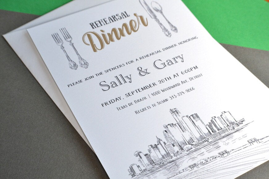 Detroit Skyline Rehearsal Dinner Invitation Cards (set of 25 cards)