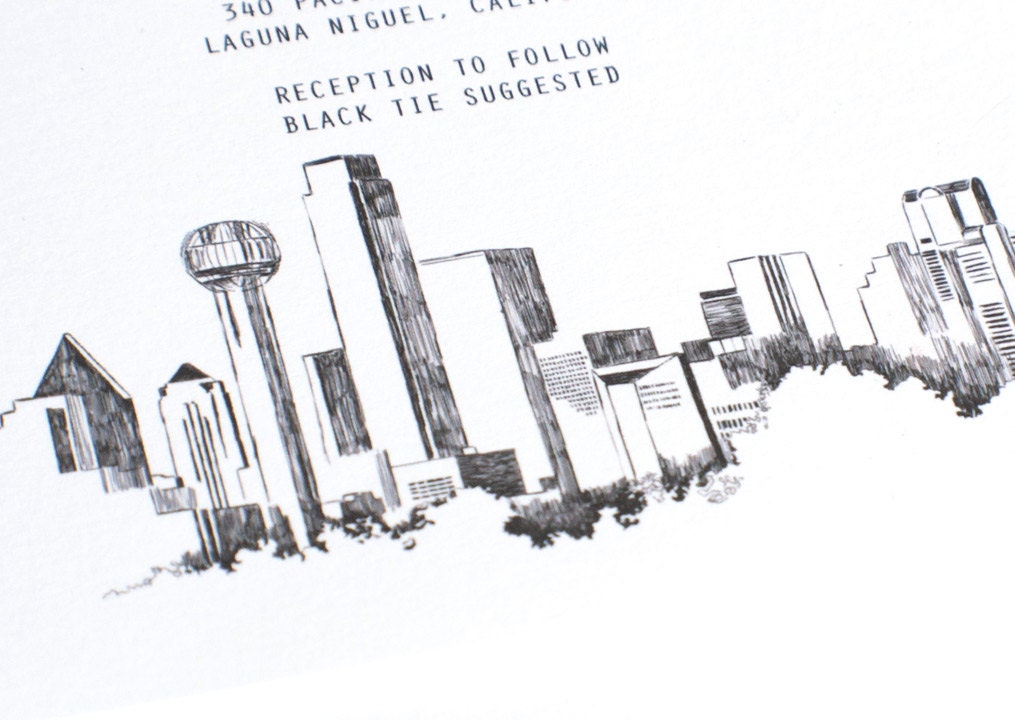 Dallas Skyline Hand Drawn Modern Wedding Invitation Package (Price Includes: One Invitation & RSVP Card Envelopes)