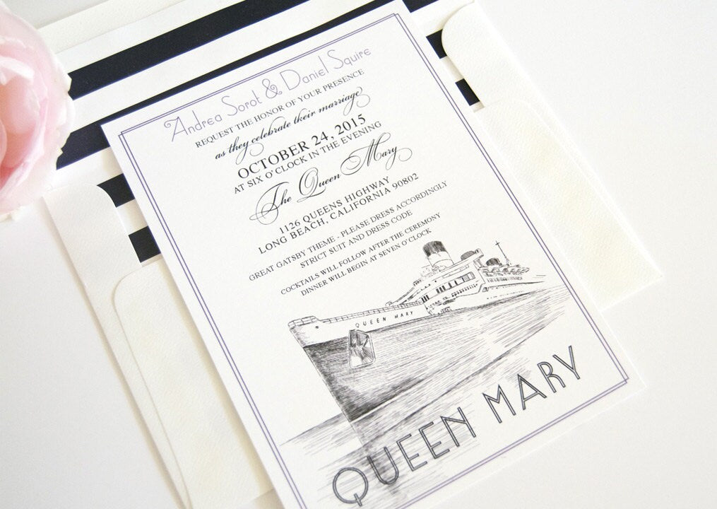 Long Beach Queen Mary Skyline Wedding Invitations Package (Sold in Sets of 10 Invitations, RSVP Cards + Envelopes)