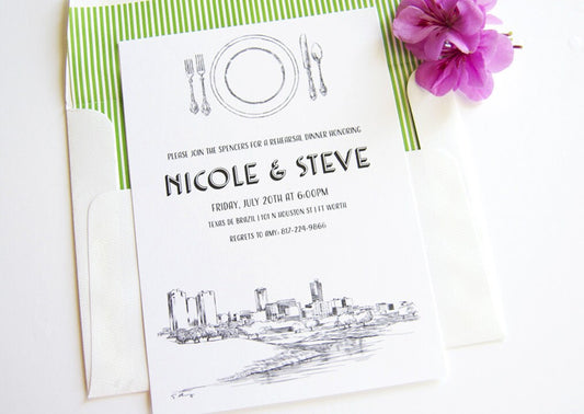 Fort Worth, Texas Skyline Rehearsal Dinner Invitations (set of 25 cards)