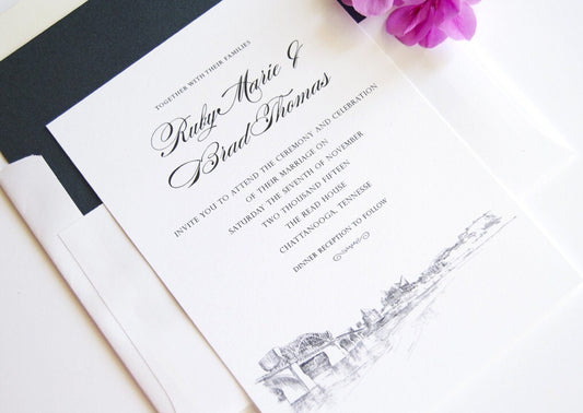 Chattanooga Skyline Hand Drawn Modern Wedding Invitation Package (Sold in Sets of 10 Invitations, RSVP Cards + Envelopes)