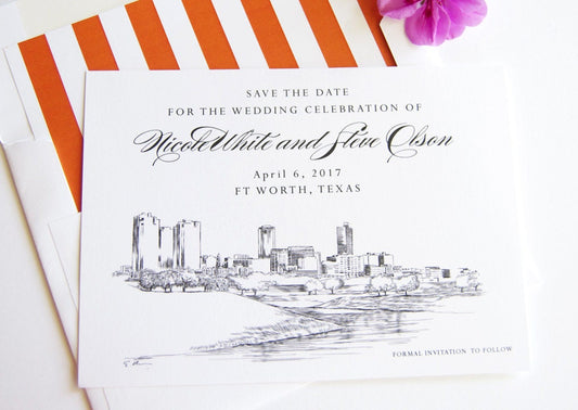 Fort Worth, Texas Skyline Save the Date Cards (set of 25 cards and white envelopes)