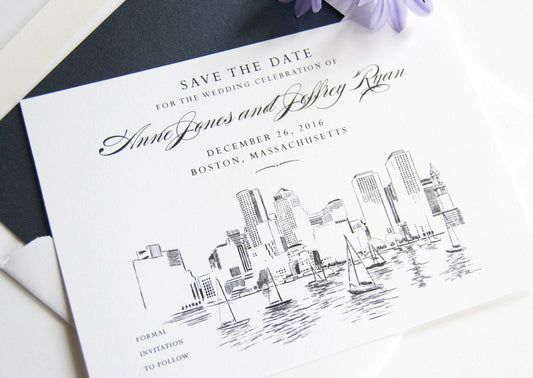 Boston Skyline Hand Drawn Save the Date Cards (set of 25 cards)