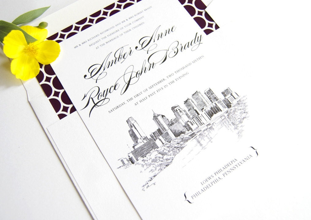 Philadelphia Skyline Wedding Invitation, Philadelphia Wedding, Philadelphia Invite  (Sold in Sets of 10 Invitations, RSVP Cards + Envelopes)