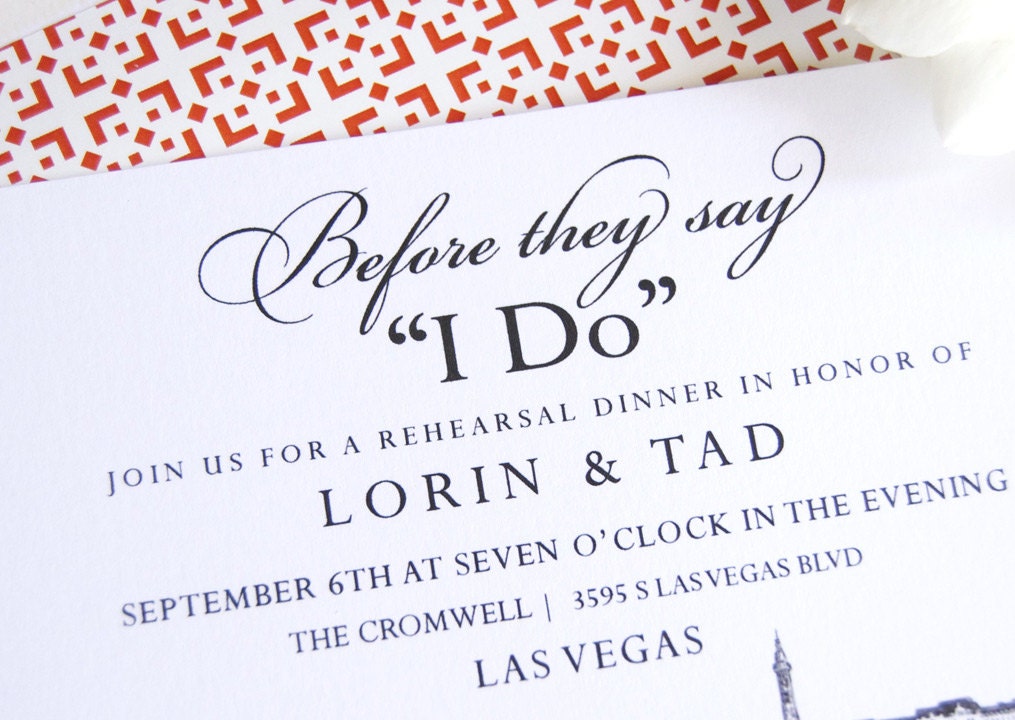 Las Vegas Skyline Destination Wedding Hand Drawn Rehearsal Dinner Invitations (set of 25 cards)