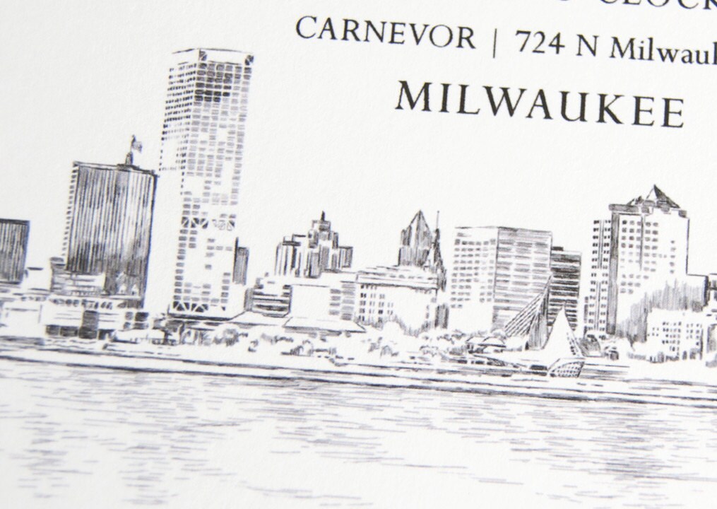 Milwaukee Skyline Hand Drawn Rehearsal Dinner Invitations (set of 25 cards)