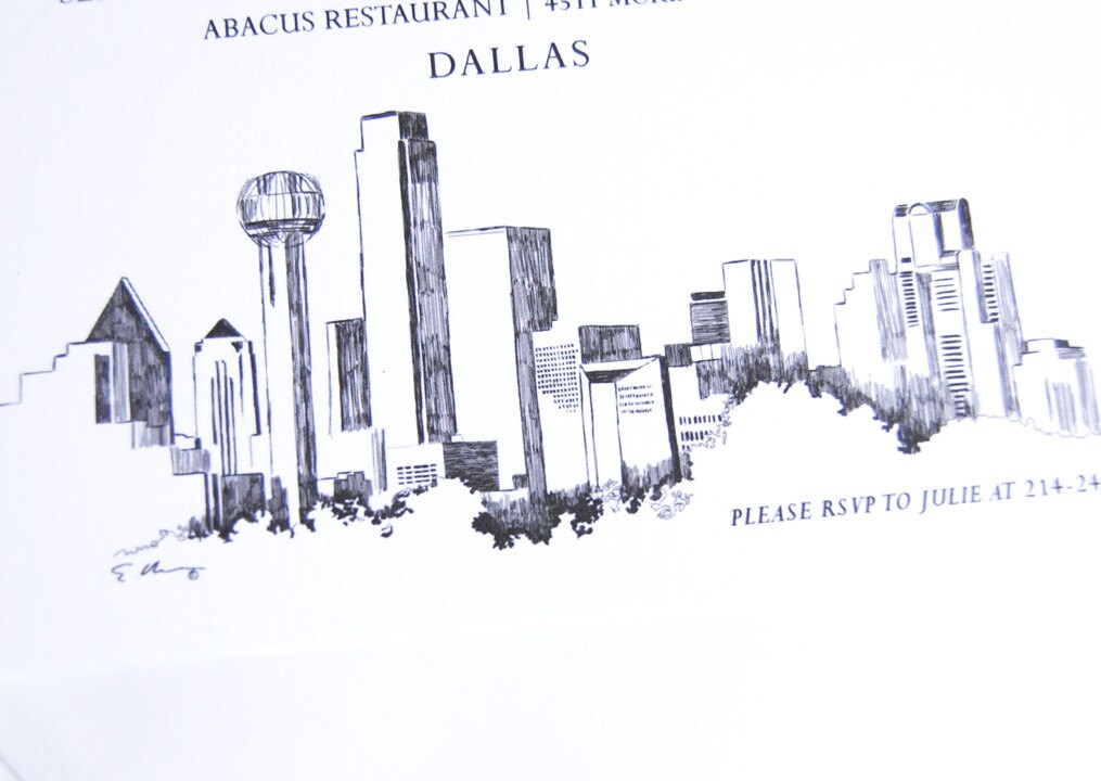 Dallas Skyline Hand Drawn Rehearsal Dinner Invitations (set of 25 cards)