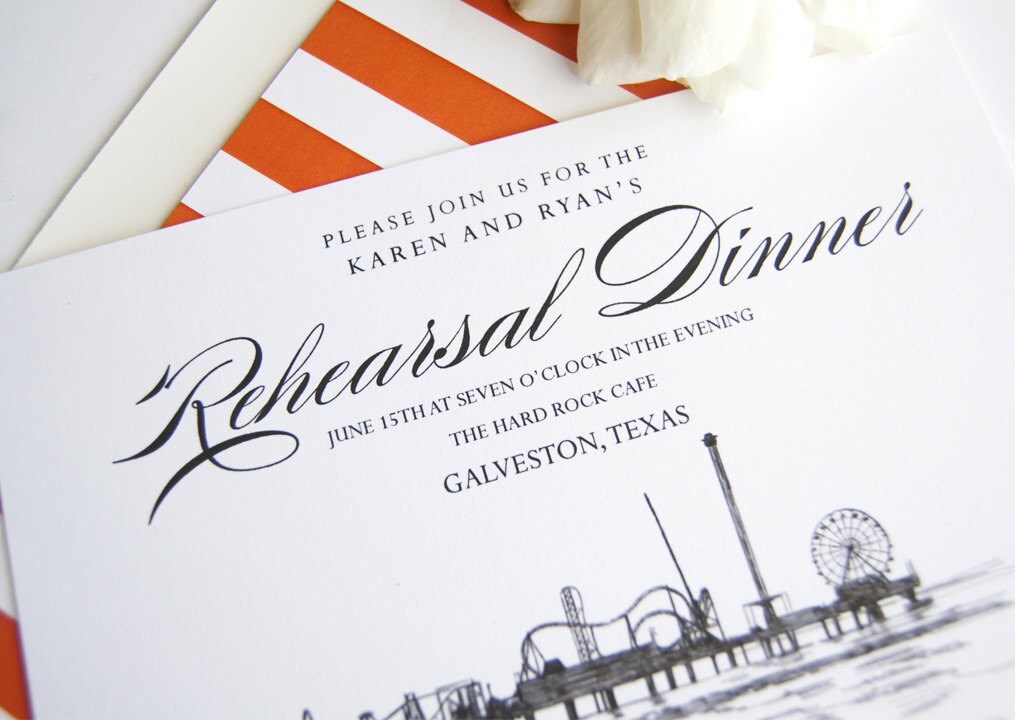 Galveston, Texas Skyline Hand Drawn Rehearsal Dinner Invitations (set of 25 cards)