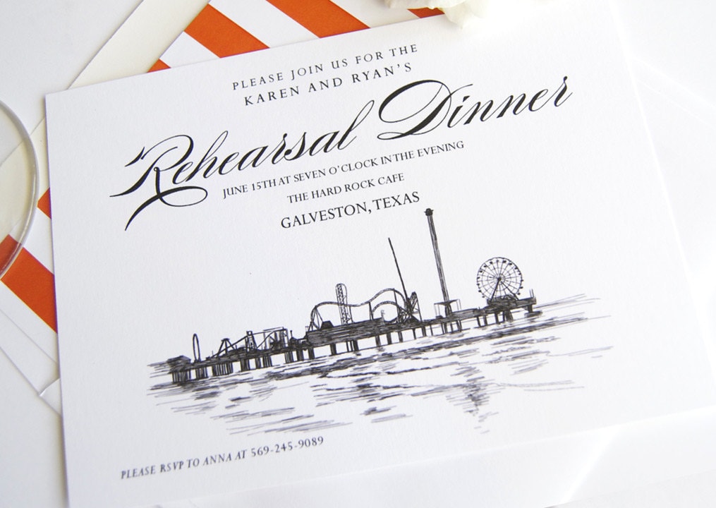 Galveston, Texas Skyline Hand Drawn Rehearsal Dinner Invitations (set of 25 cards)