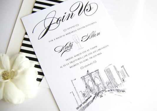 Brooklyn Skyline Hand Drawn Rehearsal Dinner Invitations (set of 25 cards)