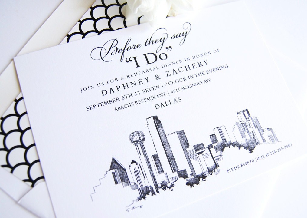 Dallas Skyline Hand Drawn Rehearsal Dinner Invitations (set of 25 cards)