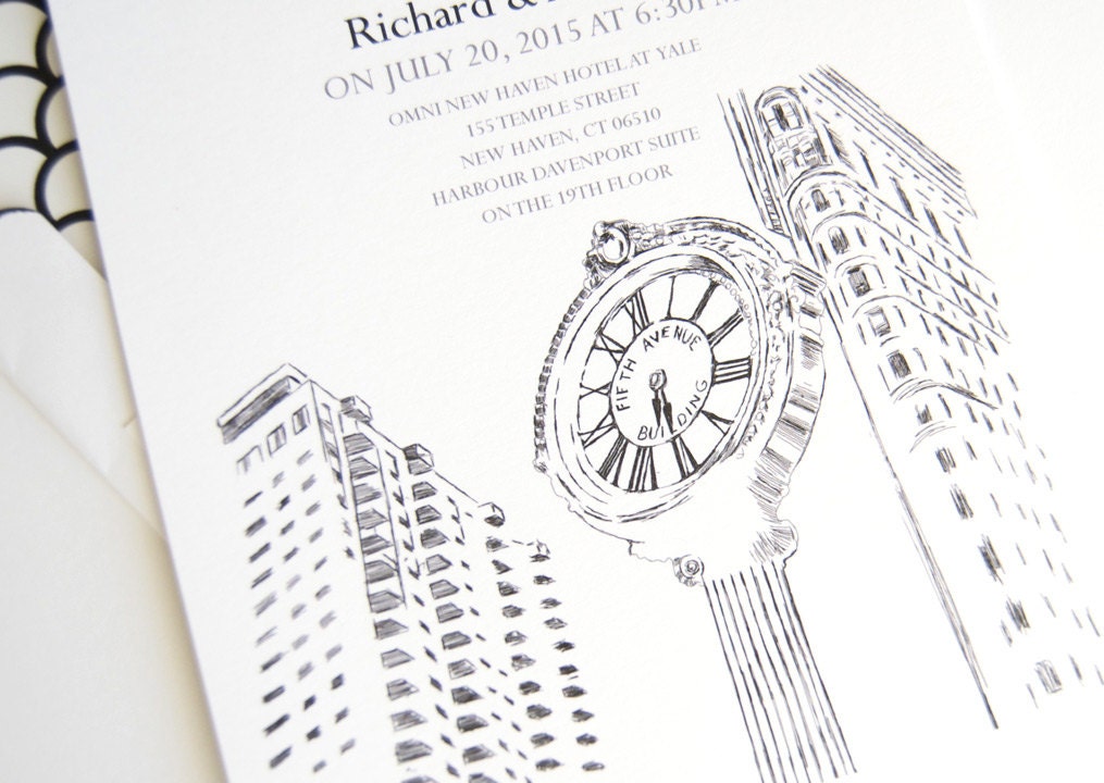 New York 5th Ave Clock Skyline Rehearsal Dinner Invitations (set of 25 cards)