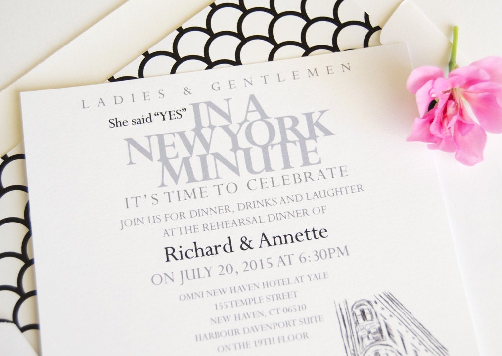 New York 5th Ave Clock Skyline Rehearsal Dinner Invitations (set of 25 cards)