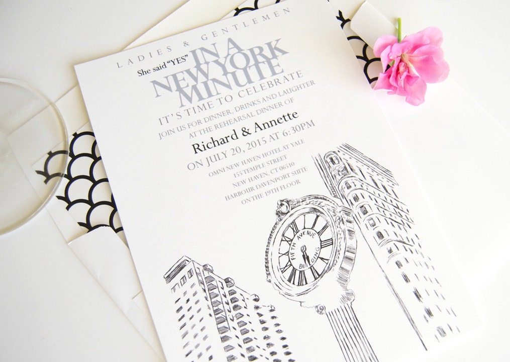 New York 5th Ave Clock Skyline Rehearsal Dinner Invitations (set of 25 cards)