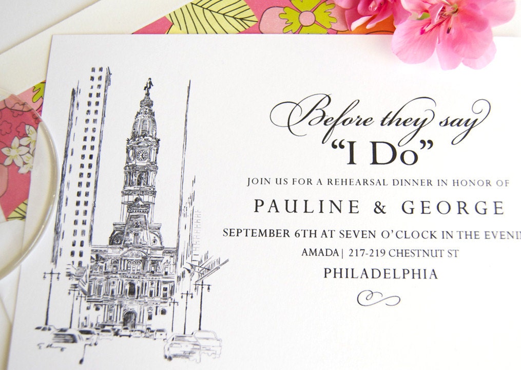 Philadelphia City Hall Skyline Rehearsal Dinner Invitations (set of 25 cards)