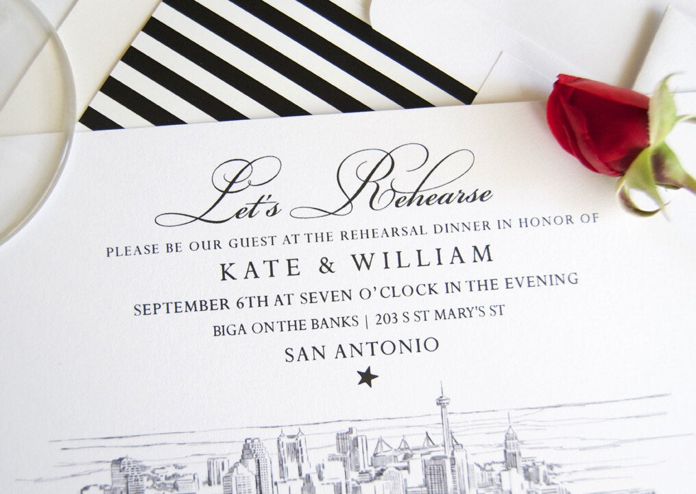 San Antonio, Texas Skyline Rehearsal Dinner Invitations (set of 25 cards)