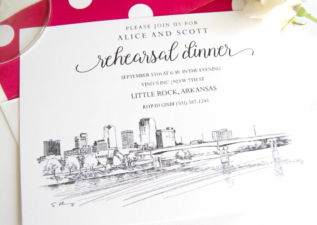 Little Rock, Arkansas Skyline Hand Drawn Rehearsal Dinner Invitations (set of 25 cards)