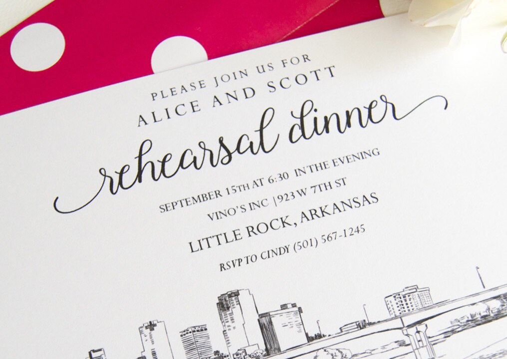 Little Rock, Arkansas Skyline Hand Drawn Rehearsal Dinner Invitations (set of 25 cards)