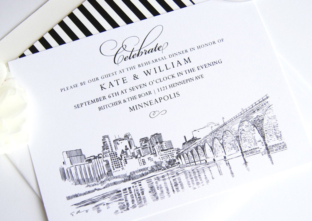 Minneapolis Skyline Rehearsal Dinner Invitation Cards (set of 25 cards)