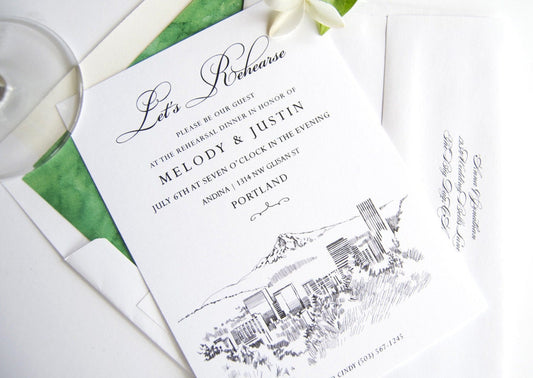 Portland Skyline Hand Drawn Rehearsal Dinner Invitations (set of 25 cards)