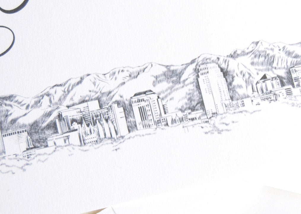 Salt Lake City Skyline Hand Drawn LDS Wedding Invitation Package (Sold in Sets of 10 Invitations, RSVP Cards + Envelopes)