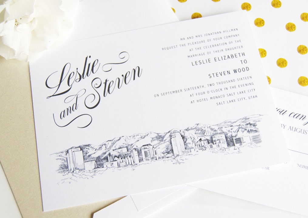 Salt Lake City Skyline Hand Drawn LDS Wedding Invitation Package (Sold in Sets of 10 Invitations, RSVP Cards + Envelopes)