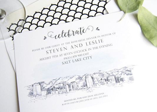 Salt Lake City Skyline LDS Rehearsal Dinner Invitations (set of 25 cards)